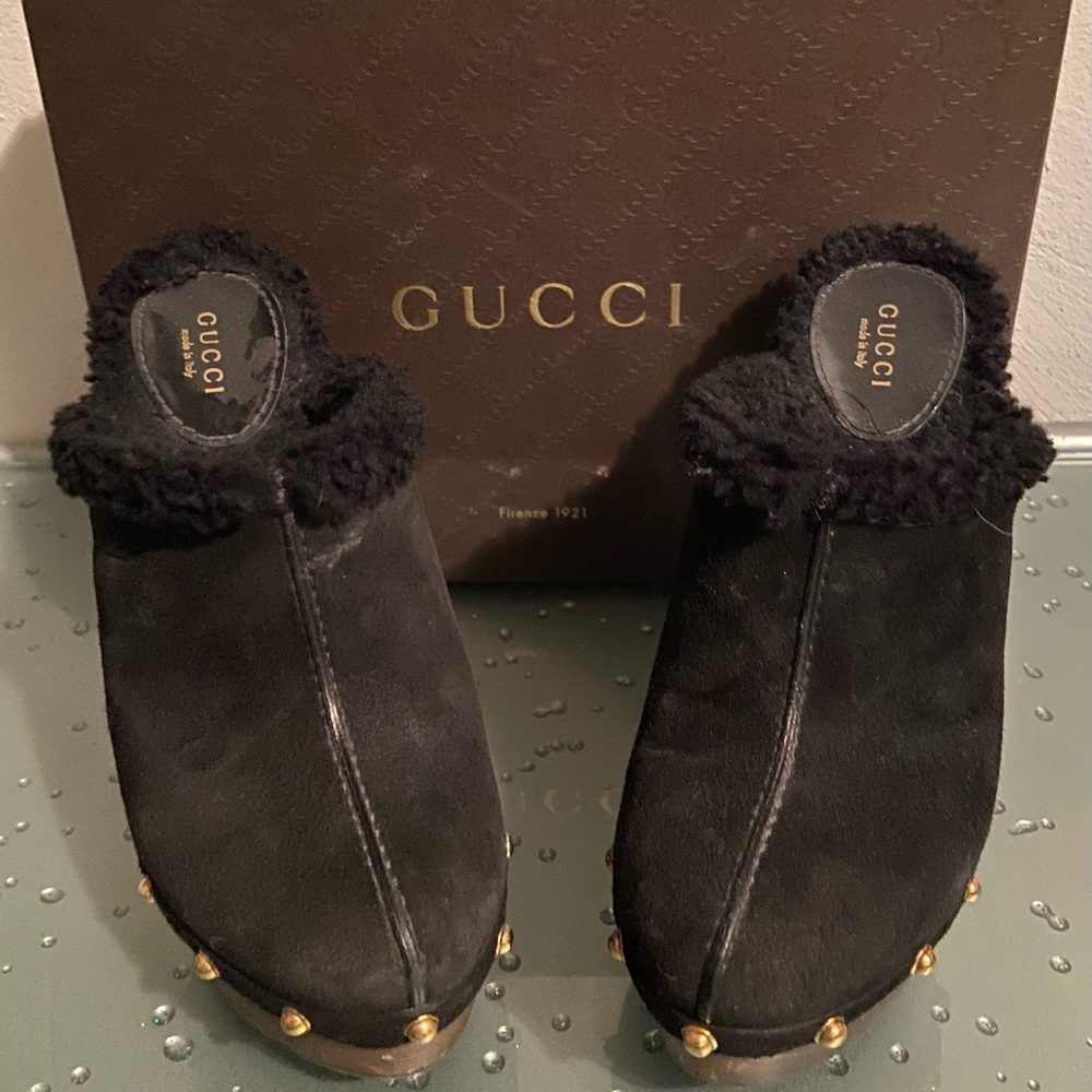GUCCI Black Suede Leather Fur Lined Platform Stud Clogs Heels Size 37.5
